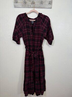 Angie Womens Burgundy & Black Plaid Midi Dress Tie Belt  Tiered Cottage Large